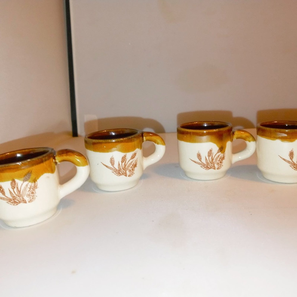 Rare Stoneware Vintage Childs Toy Brown Pottery Wheat Design Cups Mug  1 1/2